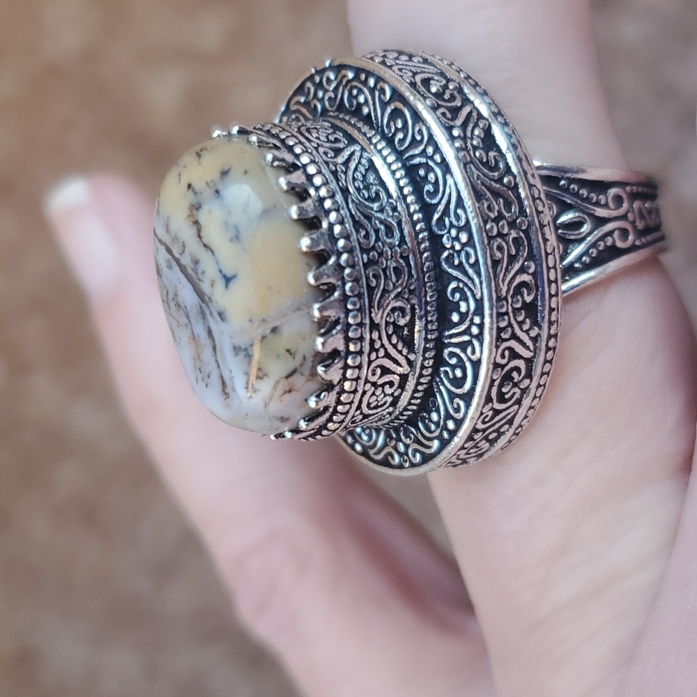 New Dendritic Opal 925 Silver Statement Ring.